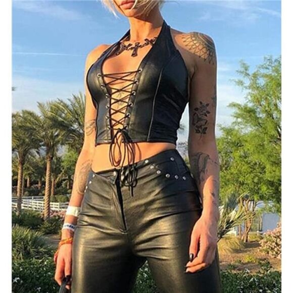 Women's Adjustable Spaghetti Straps PU Leather Bustier Crop Tube Top BDSM PARTY - Picture 3 of 6